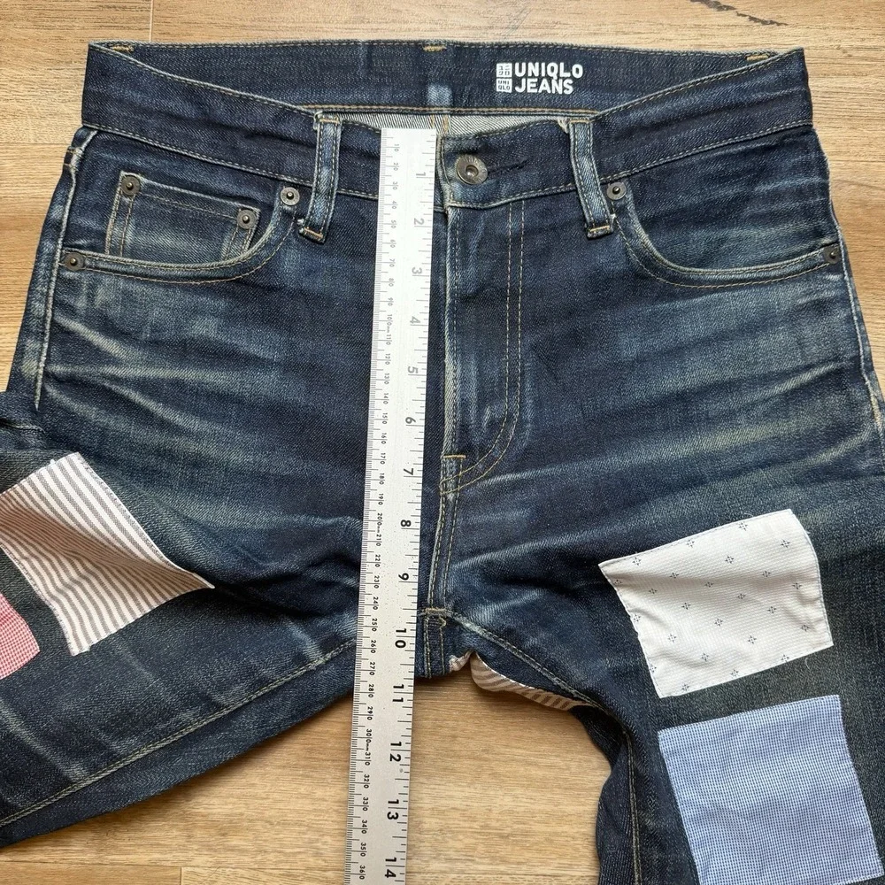 UNIQLO Selvedge Jeans Men 29x29 Blue Slim Fit Straight Leg Patchwork Unique Dark